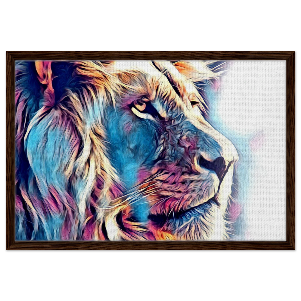 Chromatic King – Vibrant Abstract Lion Wall Art Print - Framed Canvas - 50x75 cm / 20x30″ - Dark wood frame