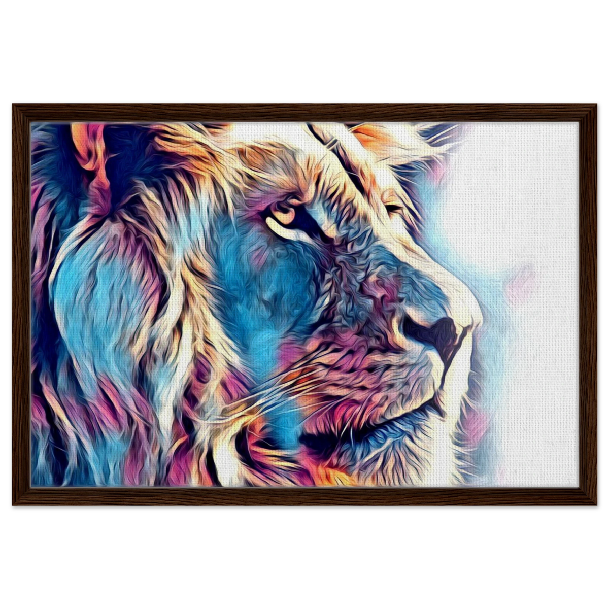 Chromatic King – Vibrant Abstract Lion Wall Art Print - Framed Canvas - 50x75 cm / 20x30″ - Dark wood frame