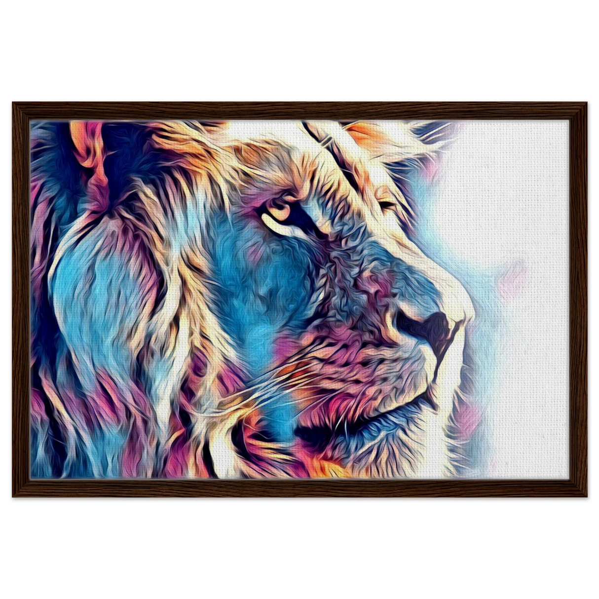 Chromatic King – Vibrant Abstract Lion Wall Art Print - Framed Canvas - 50x75 cm / 20x30″ - Dark wood frame