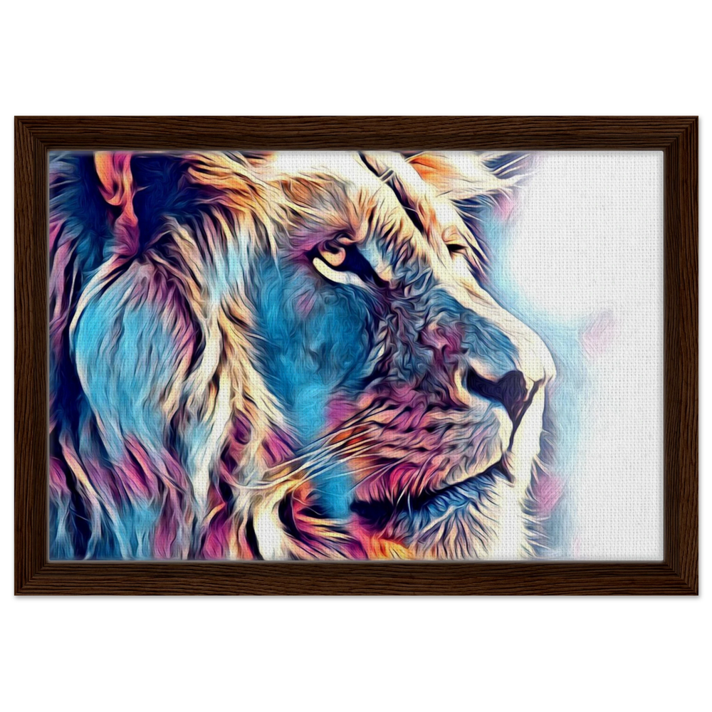 Chromatic King – Vibrant Abstract Lion Wall Art Print - Framed Canvas - 30x45 cm / 12x18″ - Dark wood frame