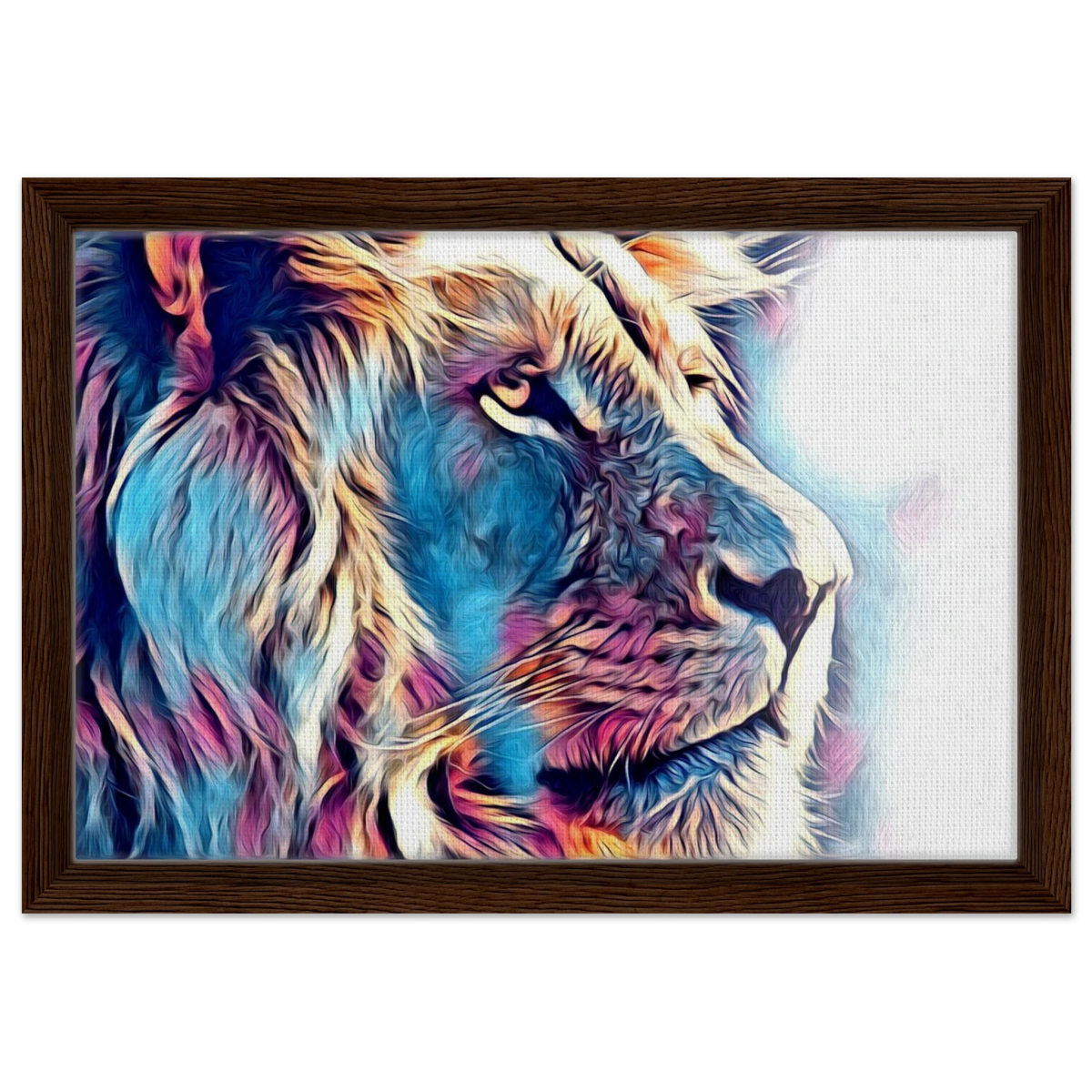 Chromatic King – Vibrant Abstract Lion Wall Art Print - Framed Canvas - 30x45 cm / 12x18″ - Dark wood frame