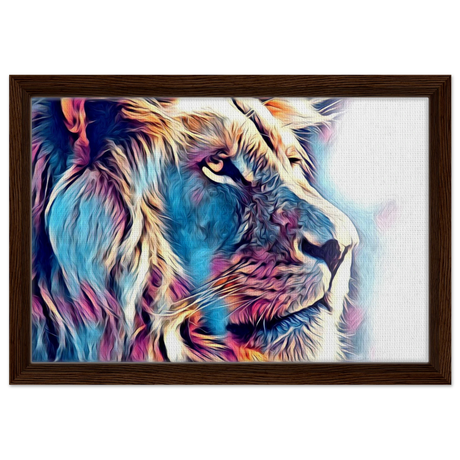 Chromatic King – Vibrant Abstract Lion Wall Art Print - Framed Canvas - 30x45 cm / 12x18″ - Dark wood frame