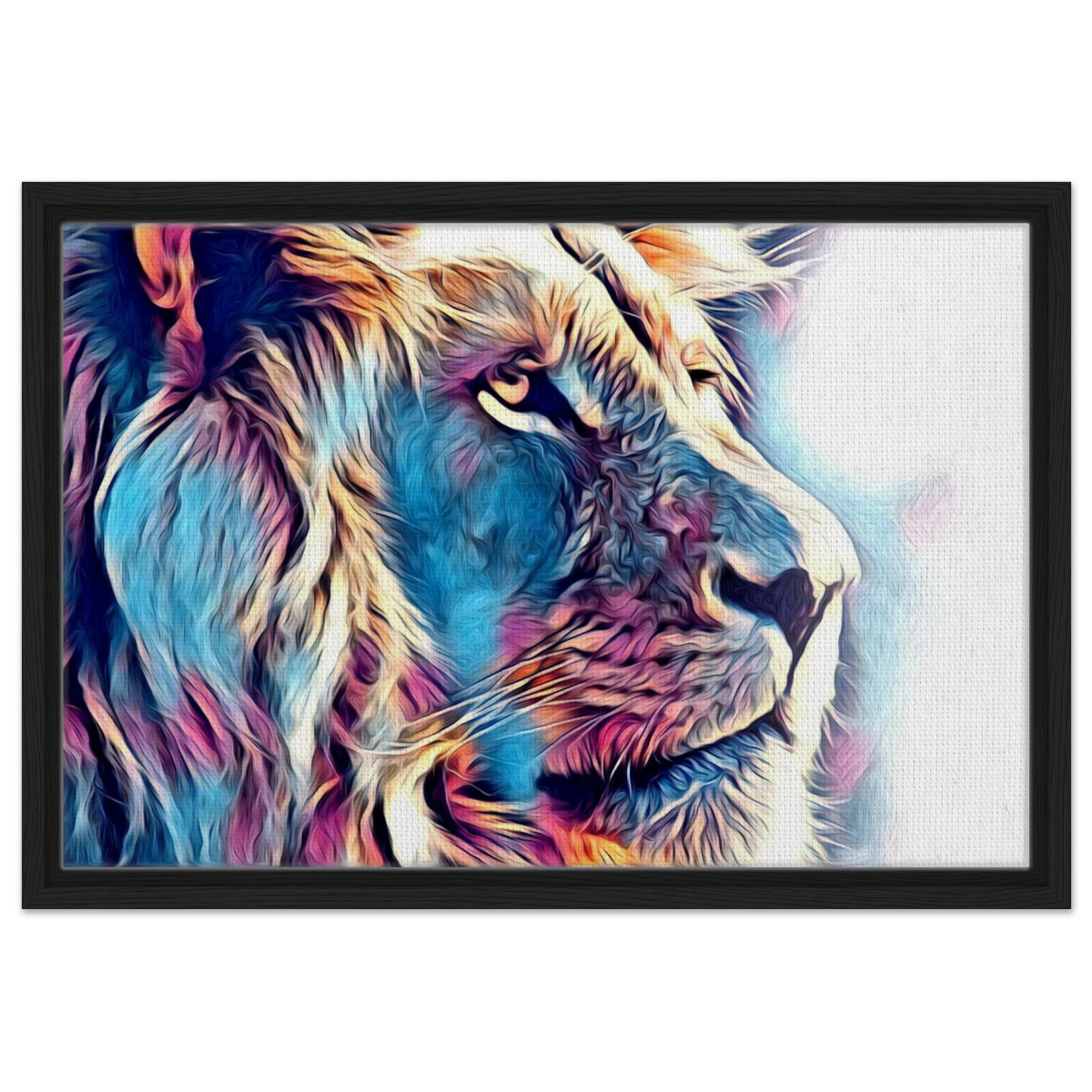 Chromatic King – Vibrant Abstract Lion Wall Art Print - Framed Canvas - 40x60 cm / 16x24″ - Black frame