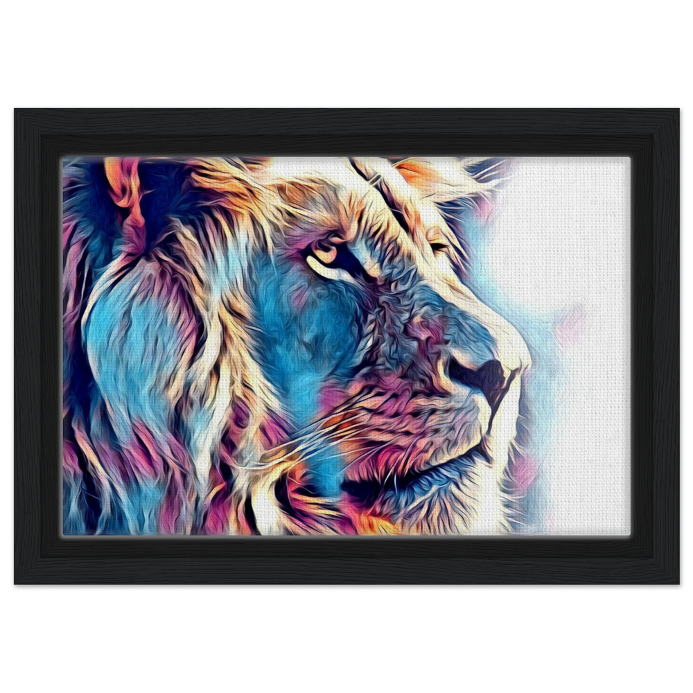 Chromatic King – Vibrant Abstract Lion Wall Art Print - Framed Canvas - 20x30 cm / 8x12″ - Black frame