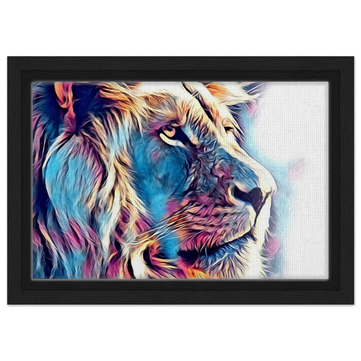 Chromatic King – Vibrant Abstract Lion Wall Art Print - Framed Canvas - 20x30 cm / 8x12″ - Black frame