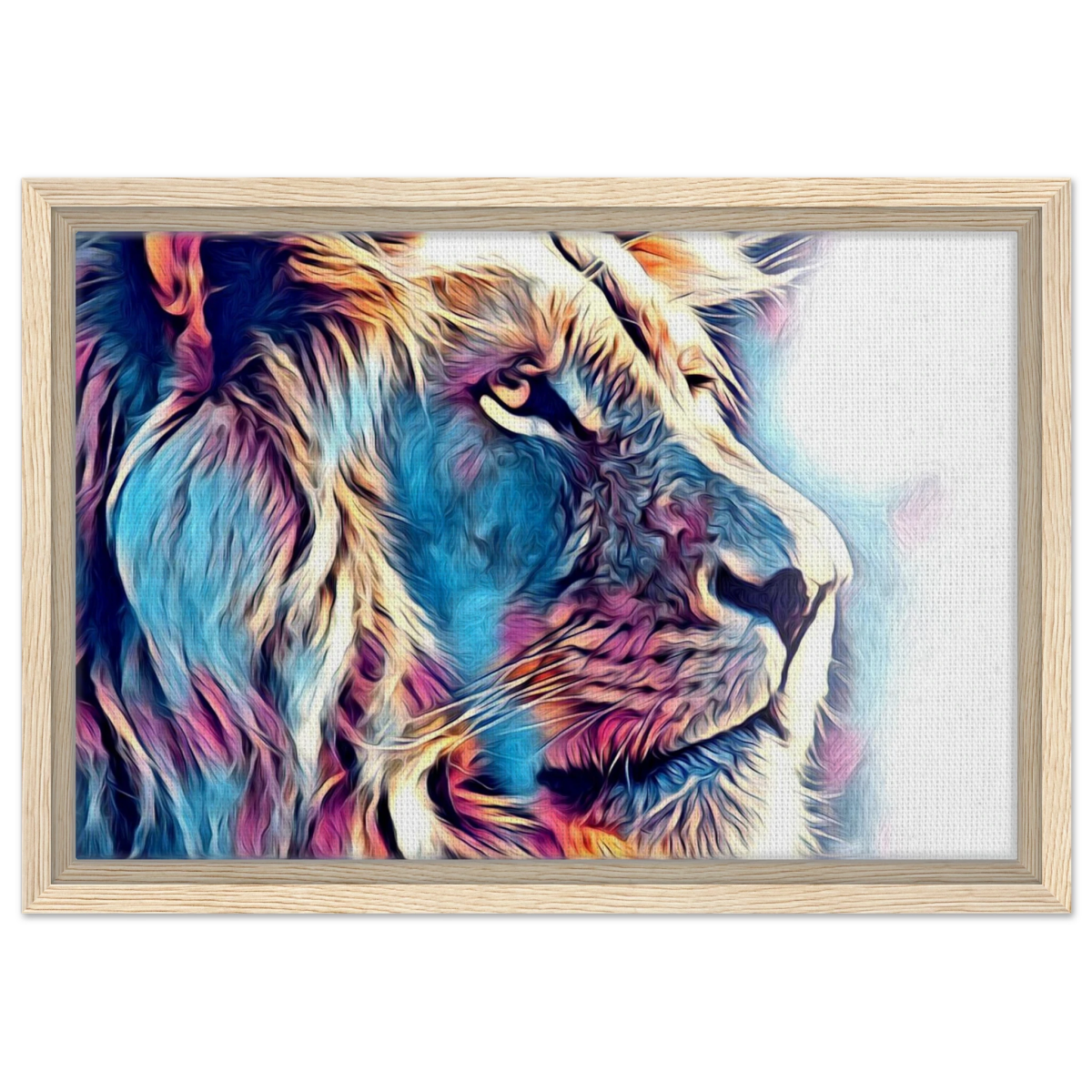 Chromatic King – Vibrant Abstract Lion Wall Art Print - Framed Canvas - 30x45 cm / 12x18″ - Wood frame