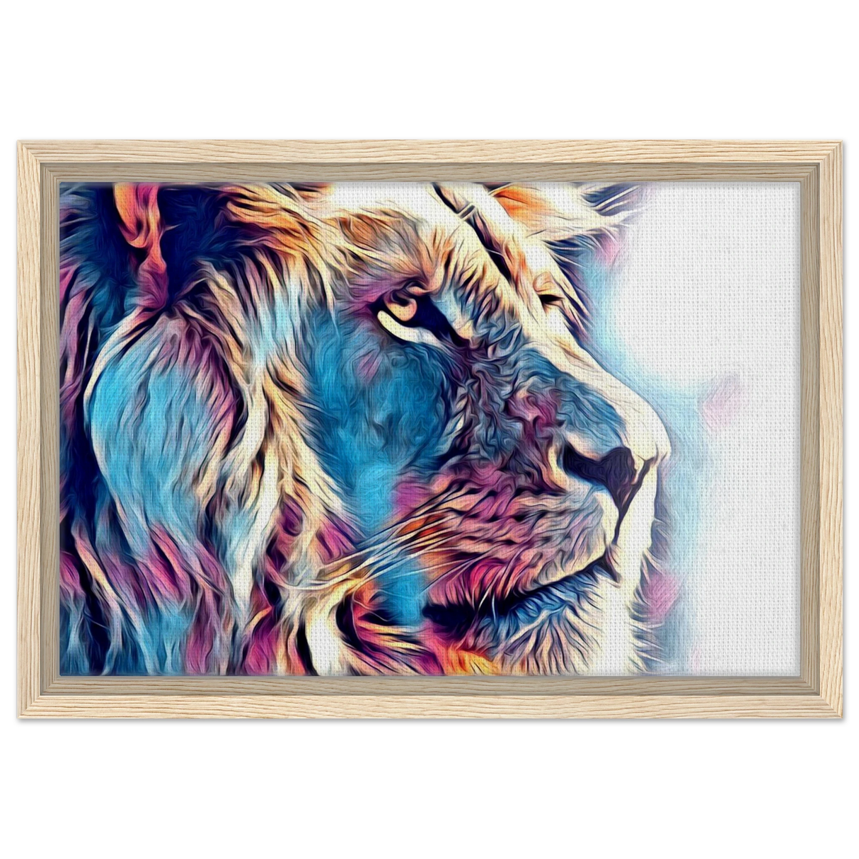 Chromatic King – Vibrant Abstract Lion Wall Art Print - Framed Canvas - 30x45 cm / 12x18″ - Wood frame