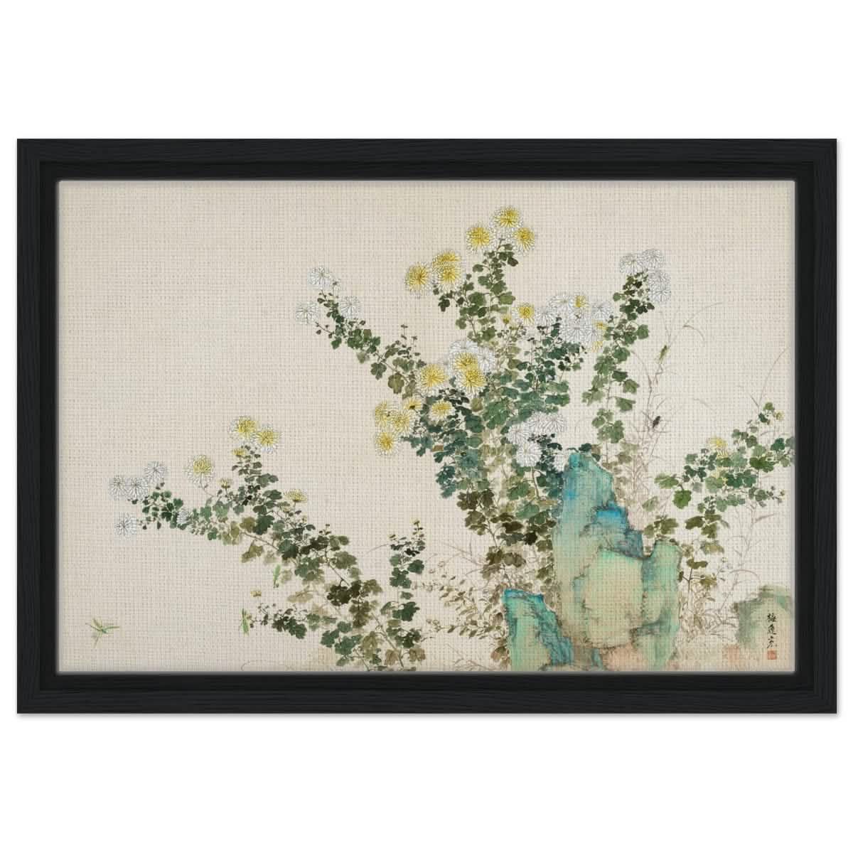 Chrysanthemum Serenity | Traditional Chinese Botanical wall art print - Framed Canvas - 30x45 cm / 12x18″ - Black frame