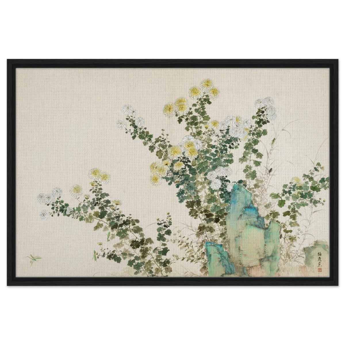 Chrysanthemum Serenity | Traditional Chinese Botanical wall art print - Framed Canvas - 60x90 cm / 24x36″ - Black frame