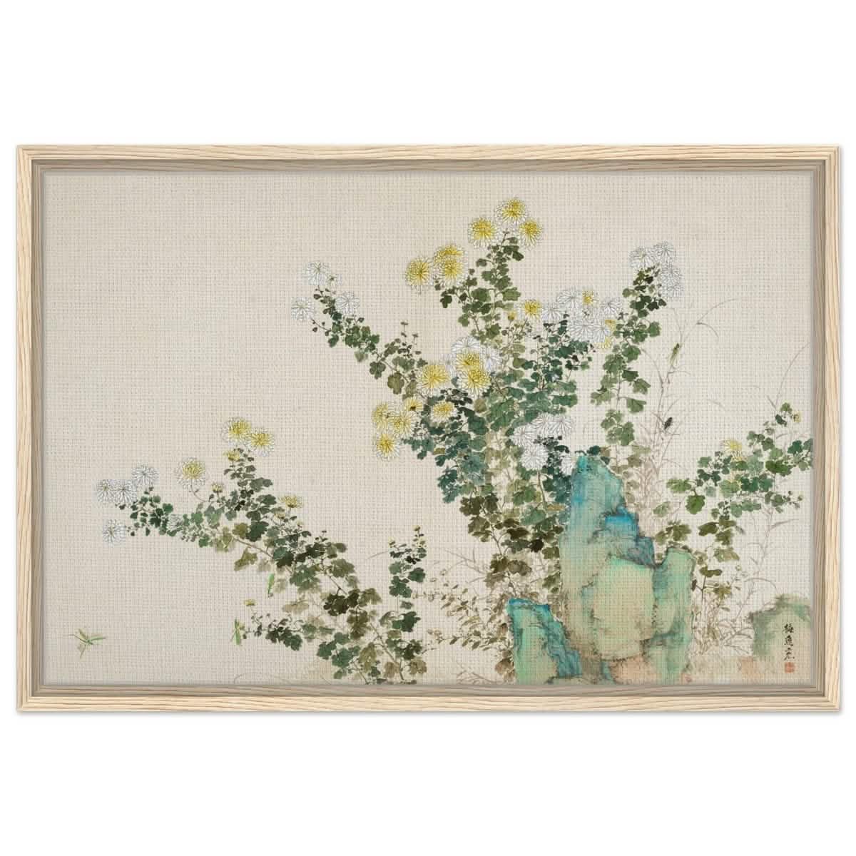 Chrysanthemum Serenity | Traditional Chinese Botanical wall art print - Framed Canvas - 50x75 cm / 20x30″ - Wood frame