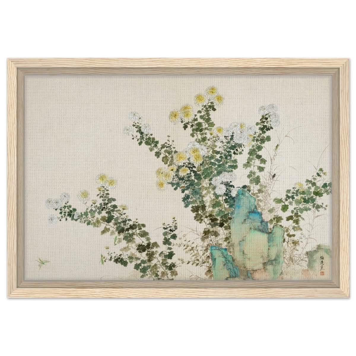 Chrysanthemum Serenity | Traditional Chinese Botanical wall art print - Framed Canvas - 30x45 cm / 12x18″ - Wood frame