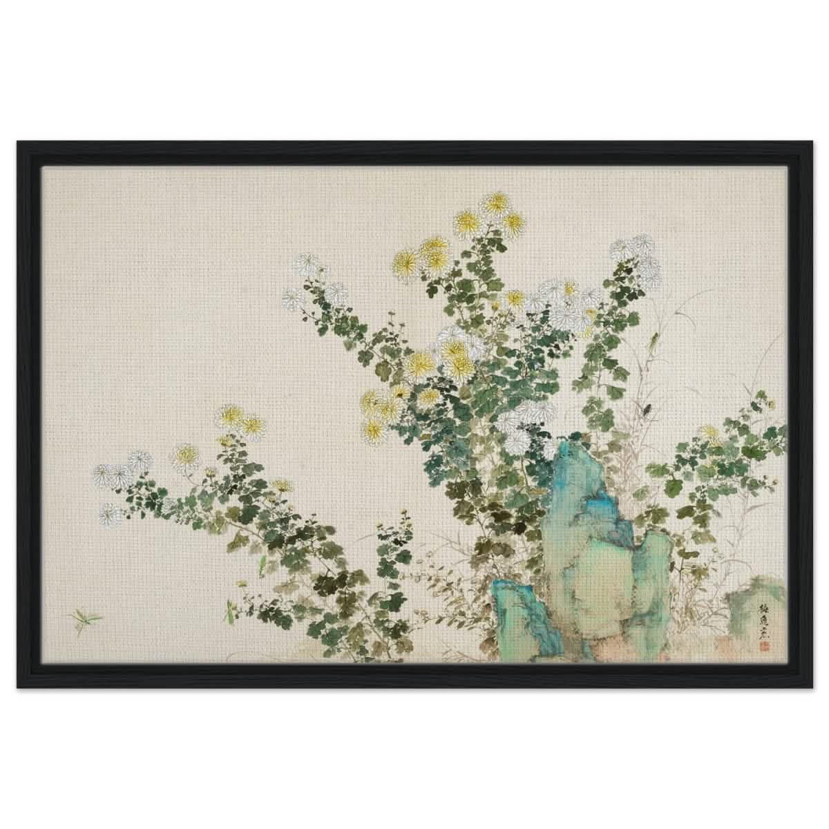 Chrysanthemum Serenity | Traditional Chinese Botanical wall art print - Framed Canvas - 50x75 cm / 20x30″ - Black frame