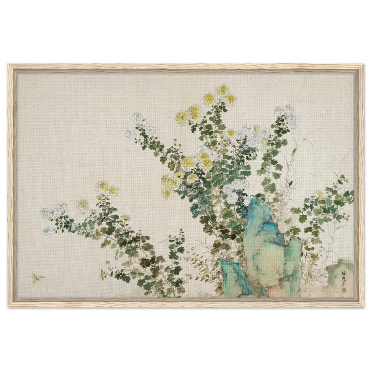 Chrysanthemum Serenity | Traditional Chinese Botanical wall art print - Framed Canvas - 60x90 cm / 24x36″ - Wood frame