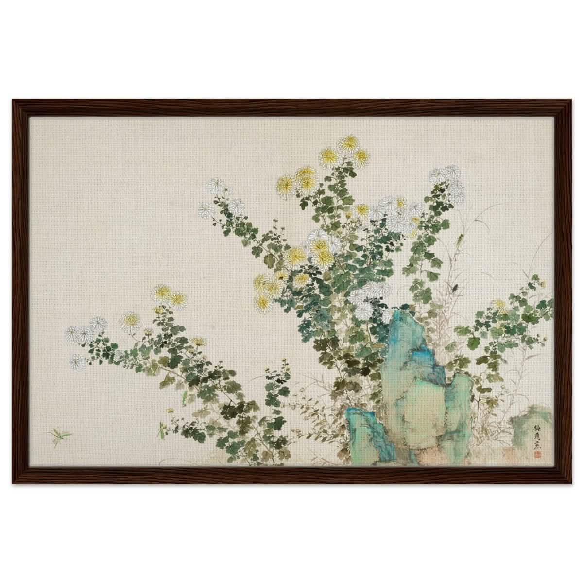 Chrysanthemum Serenity | Traditional Chinese Botanical wall art print - Framed Canvas - 50x75 cm / 20x30″ - Dark wood frame