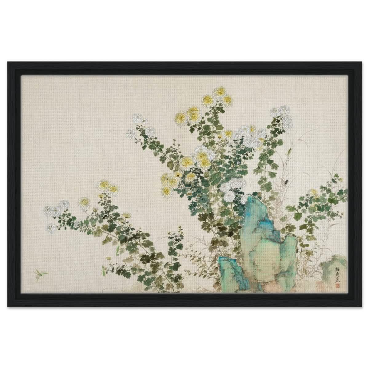 Chrysanthemum Serenity | Traditional Chinese Botanical wall art print - Framed Canvas - 40x60 cm / 16x24″ - Black frame