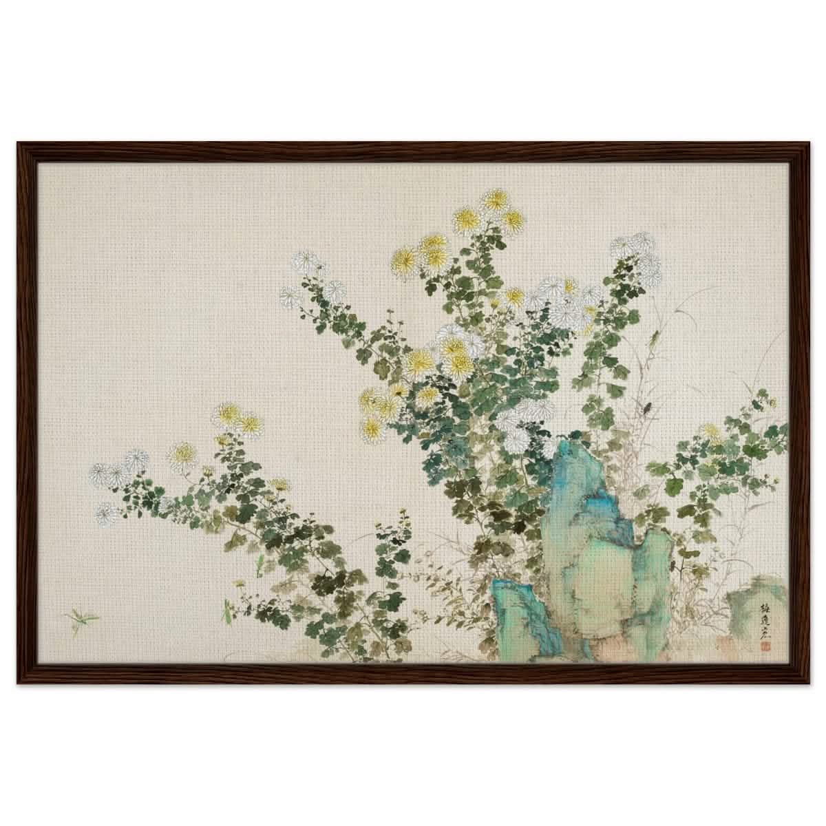 Chrysanthemum Serenity | Traditional Chinese Botanical wall art print - Framed Canvas - 60x90 cm / 24x36″ - Dark wood frame
