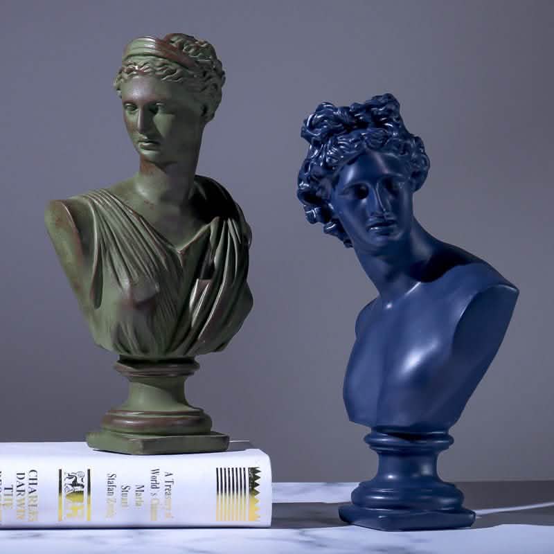Classical Athena & Apollo Bust Sculptures – Modern Resin Artwork - Blue -