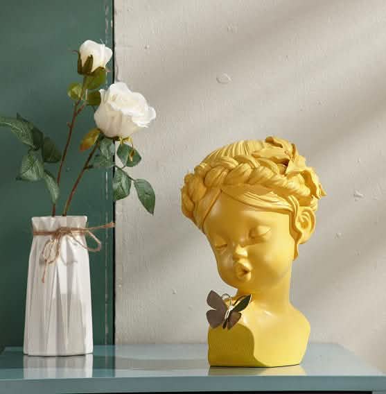 Classical Resin Head Bust Sculpture – Decorative Portrait Statue Ornament - Butterfly Muse - Yellow -