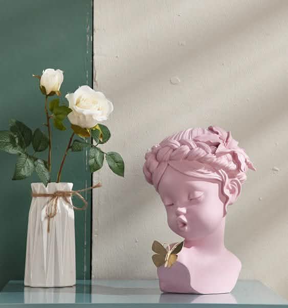 Classical Resin Head Bust Sculpture – Decorative Portrait Statue Ornament - Butterfly Muse - Pink -