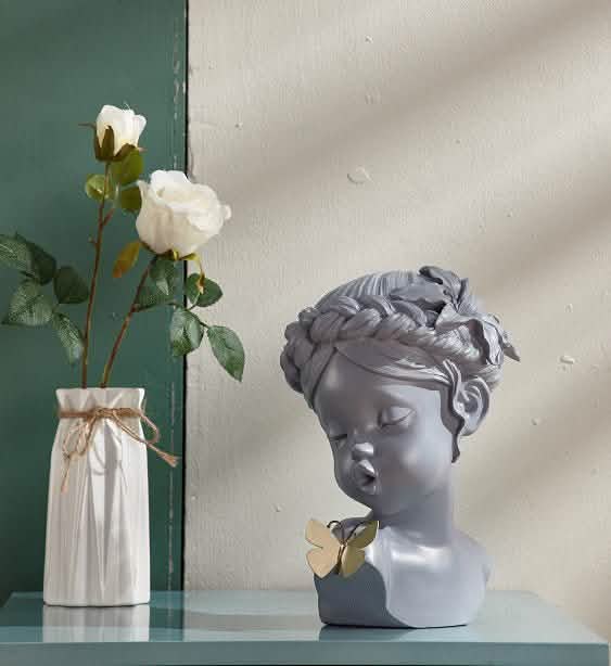 Classical Resin Head Bust Sculpture – Decorative Portrait Statue Ornament - Butterfly Muse - Grey -