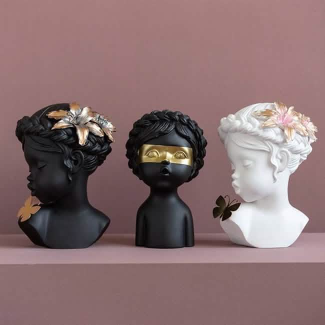 Classical Resin Head Bust Sculpture – Decorative Portrait Statue Ornament - Butterfly Muse - Bla -