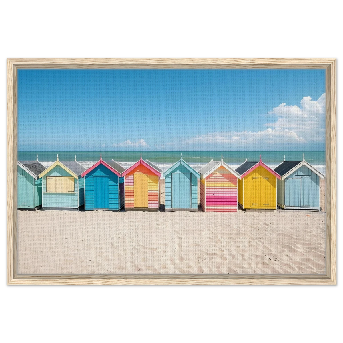 “Coastal Candy Huts” | Wall Art Print - Framed Canvas - 50x75 cm / 20x30″ - Wood frame