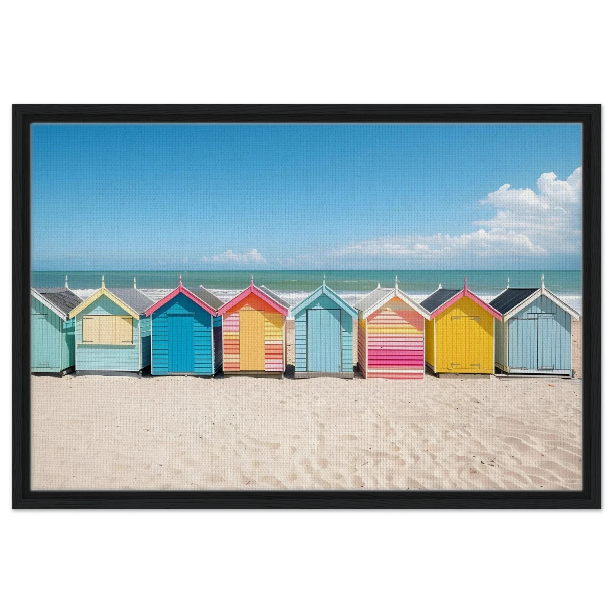 “Coastal Candy Huts” | Wall Art Print - Framed Canvas - 50x75 cm / 20x30″ - Black frame