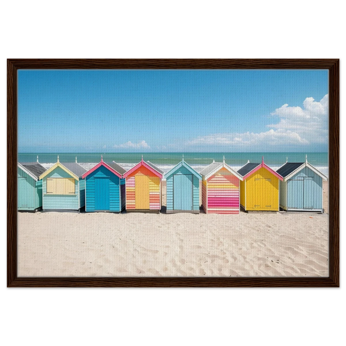 “Coastal Candy Huts” | Wall Art Print - Framed Canvas - 50x75 cm / 20x30″ - Dark wood frame