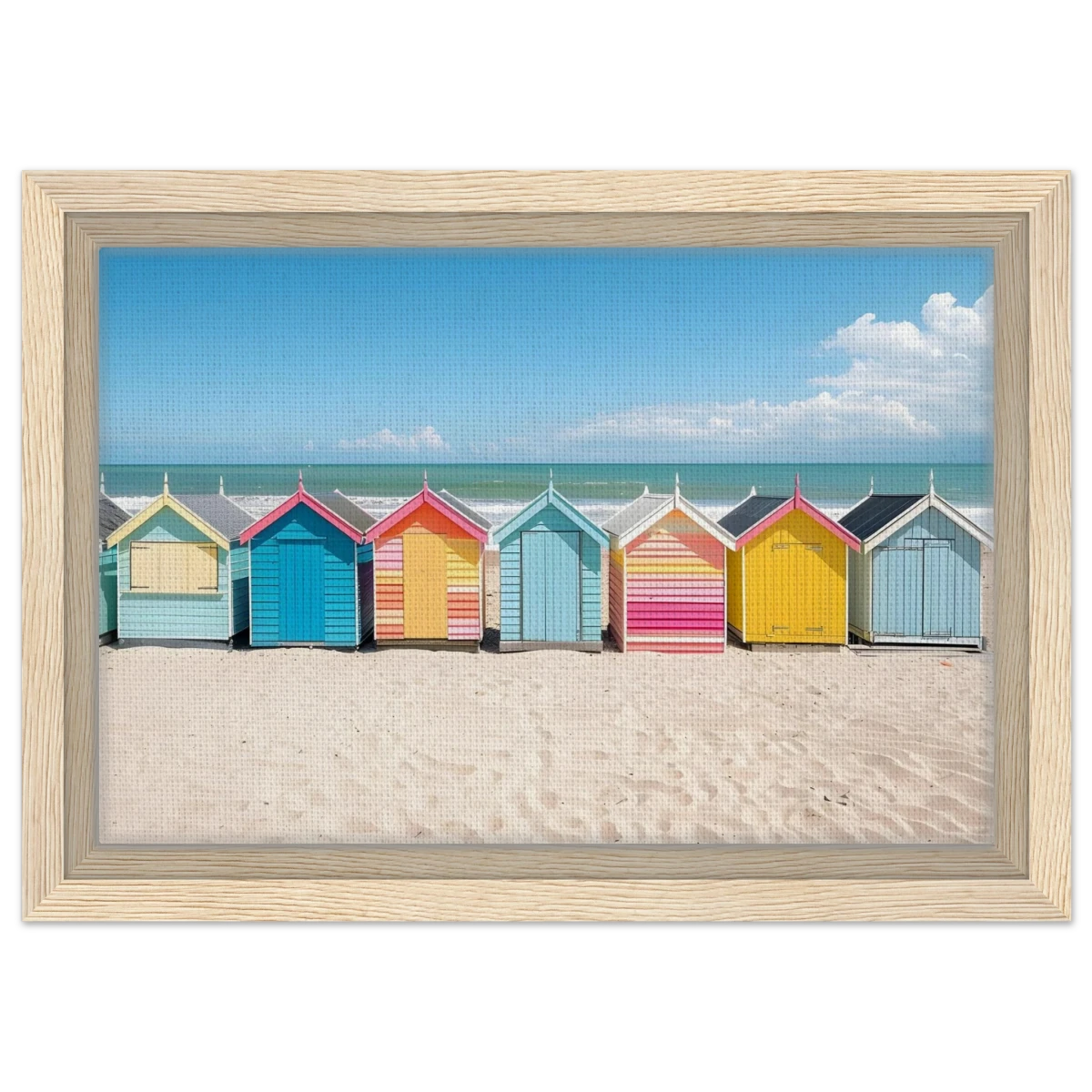 “Coastal Candy Huts” | Wall Art Print - Framed Canvas - 20x30 cm / 8x12″ - Wood frame