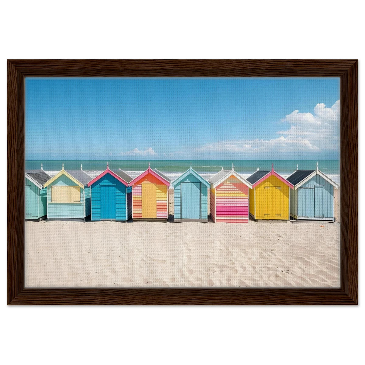 “Coastal Candy Huts” | Wall Art Print - Framed Canvas - 30x45 cm / 12x18″ - Dark wood frame