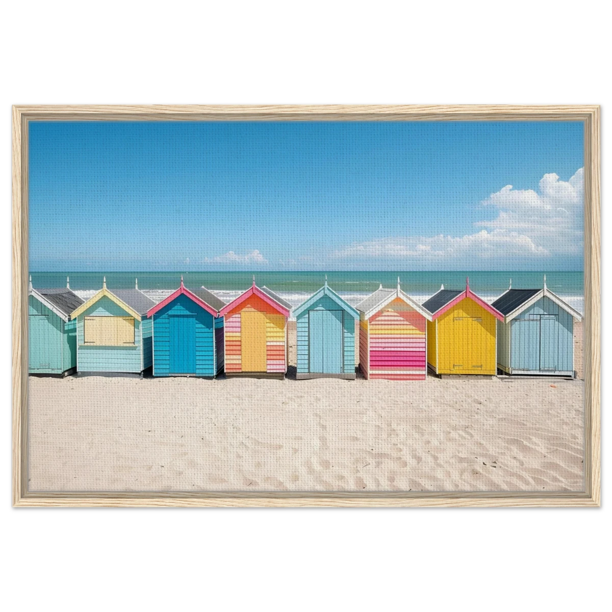 “Coastal Candy Huts” | Wall Art Print - Framed Canvas - 60x90 cm / 24x36″ - Wood frame