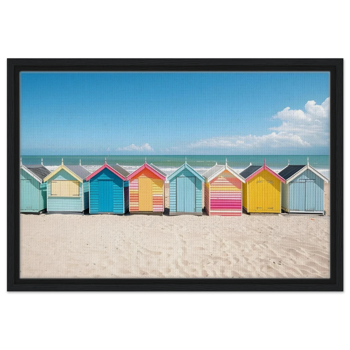 “Coastal Candy Huts” | Wall Art Print - Framed Canvas - 40x60 cm / 16x24″ - Black frame