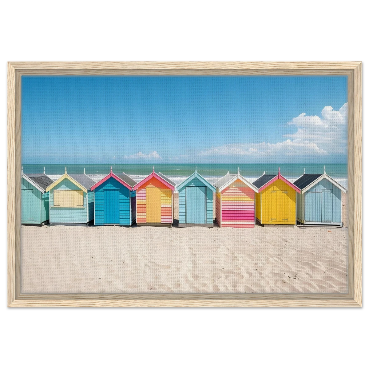 “Coastal Candy Huts” | Wall Art Print - Framed Canvas - 40x60 cm / 16x24″ - Wood frame