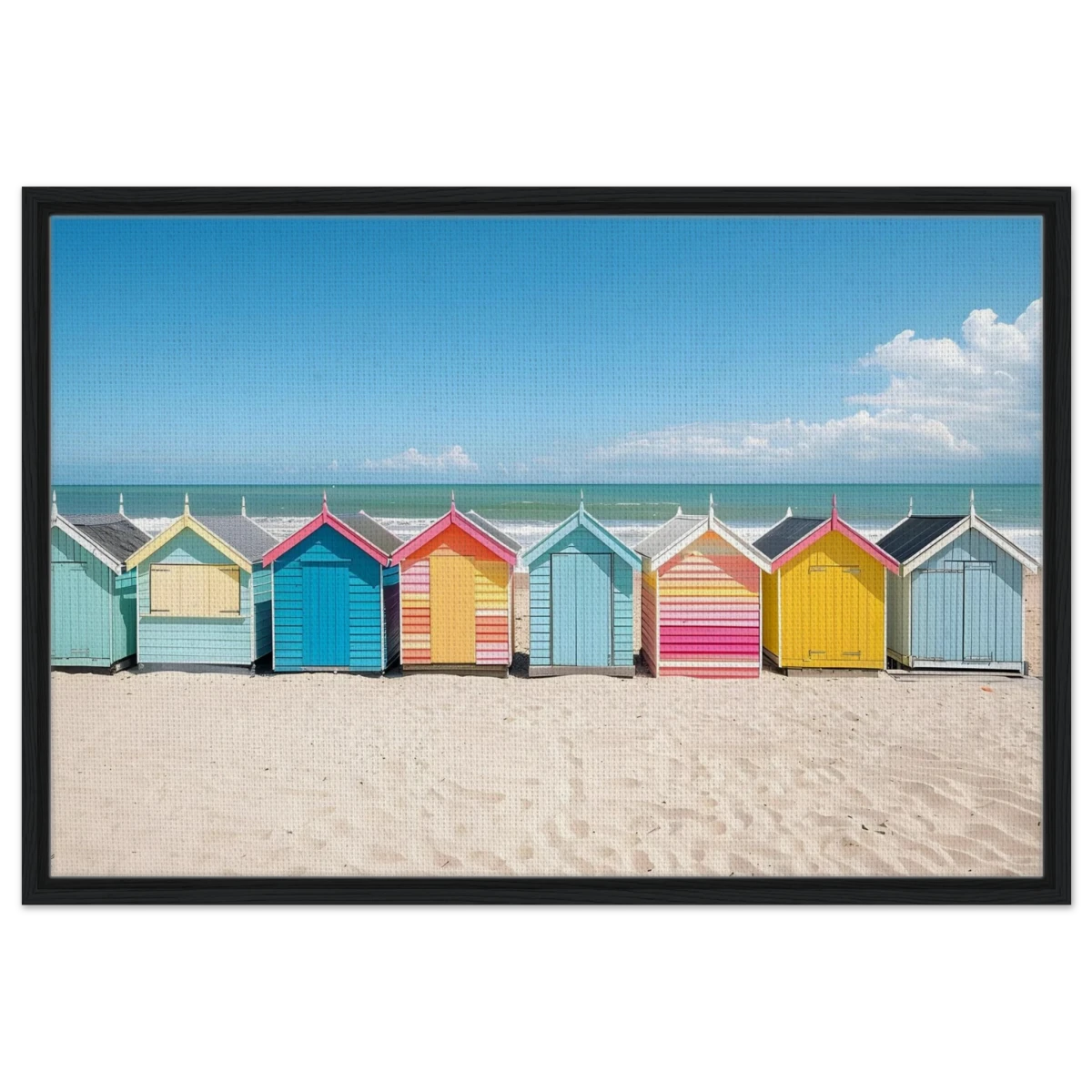 “Coastal Candy Huts” | Wall Art Print - Framed Canvas - 60x90 cm / 24x36″ - Black frame