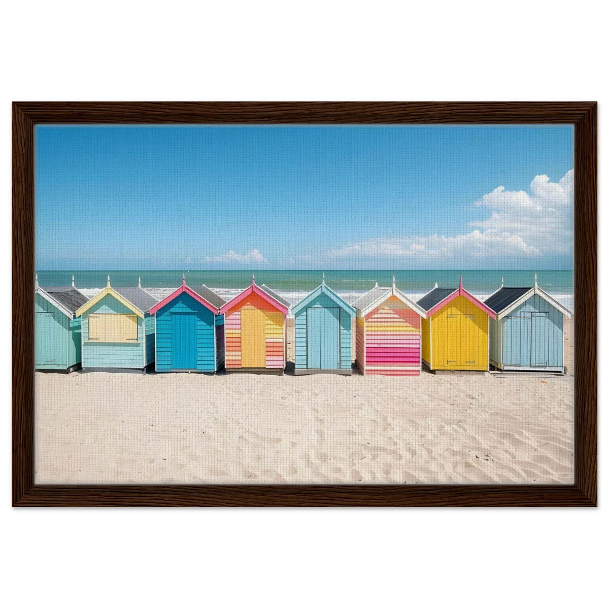 “Coastal Candy Huts” | Wall Art Print - Framed Canvas - 40x60 cm / 16x24″ - Dark wood frame