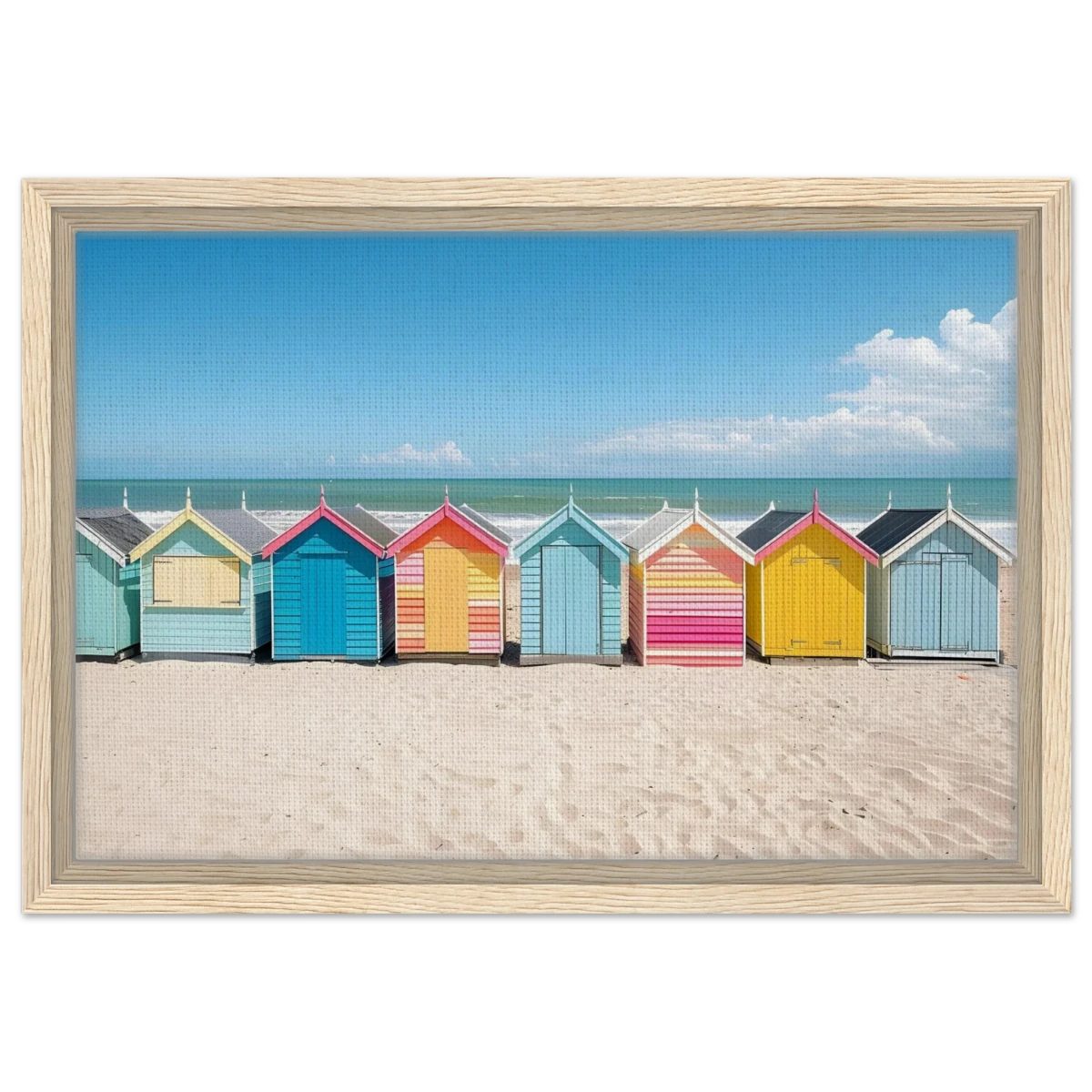 “Coastal Candy Huts” | Wall Art Print - Framed Canvas - 30x45 cm / 12x18″ - Wood frame
