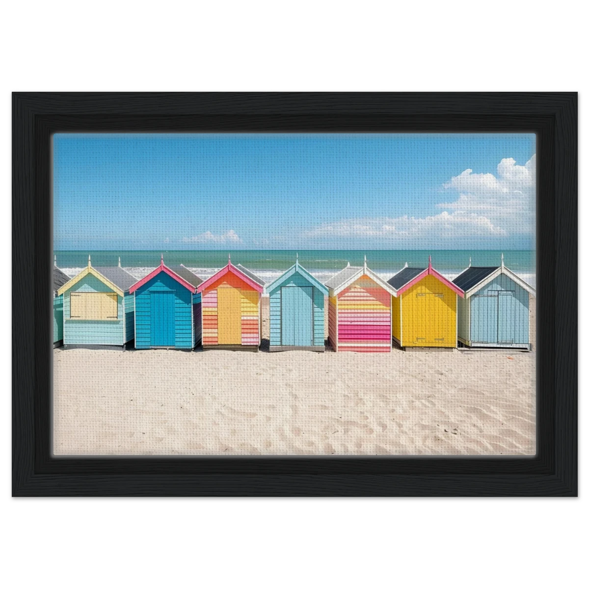 “Coastal Candy Huts” | Wall Art Print - Framed Canvas - 20x30 cm / 8x12″ - Black frame
