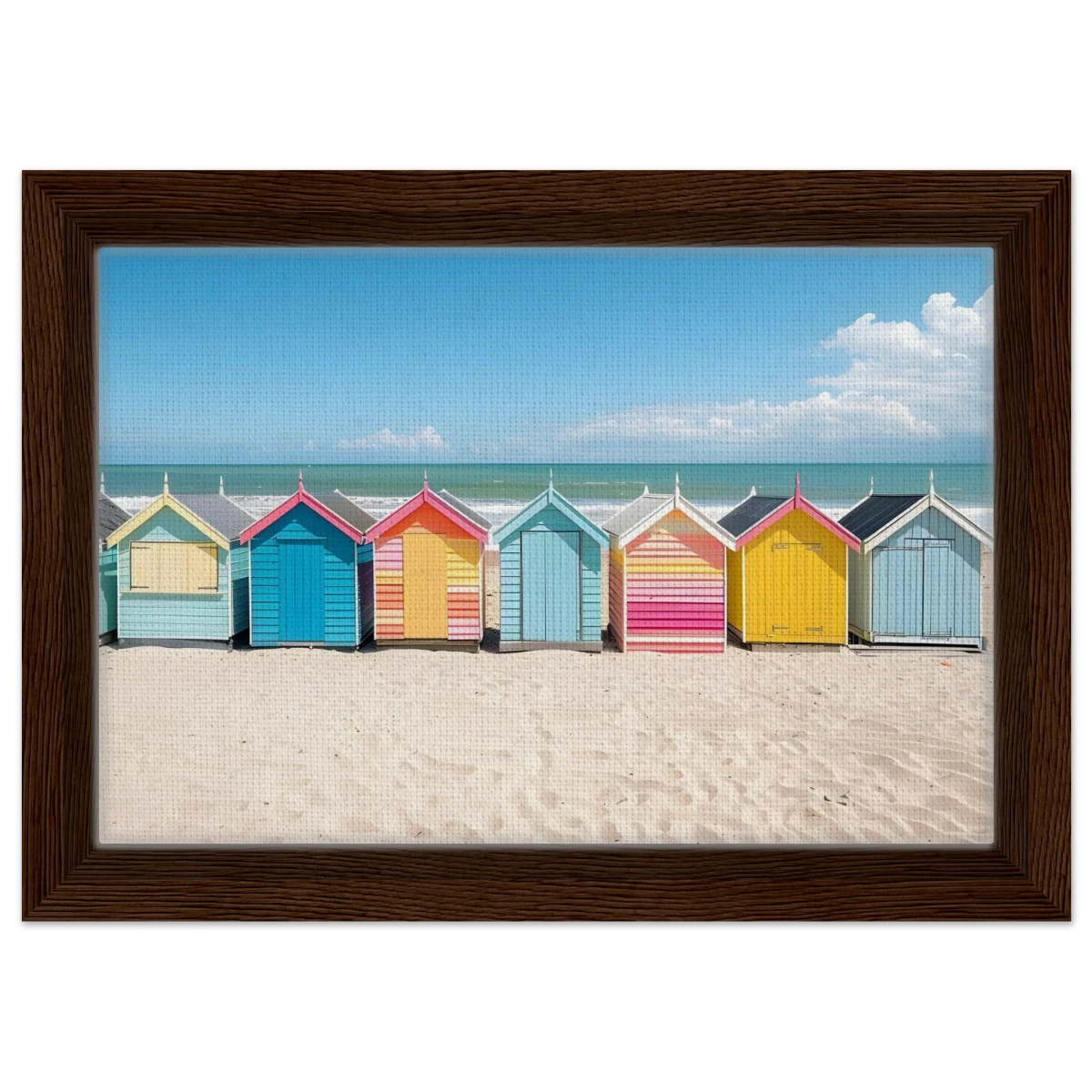 “Coastal Candy Huts” | Wall Art Print - Framed Canvas - 20x30 cm / 8x12″ - Dark wood frame
