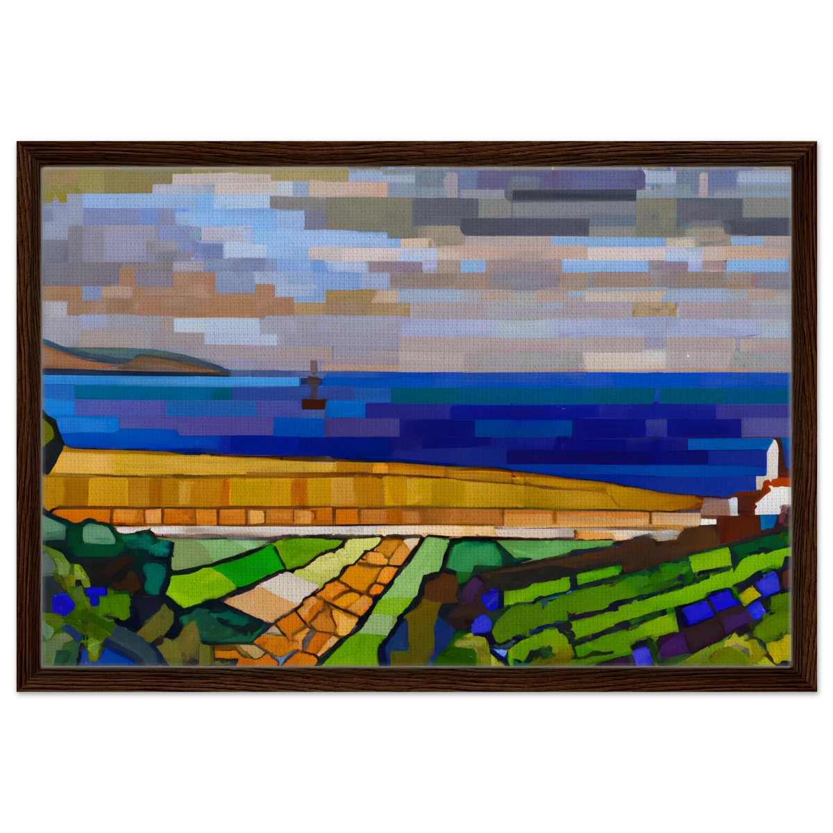 "Coastal Harmony" – A Modern Seascape | Abstract Geometric wall Art print - 50x75 cm / 20x30″ - Framed Canvas - Dark wood frame