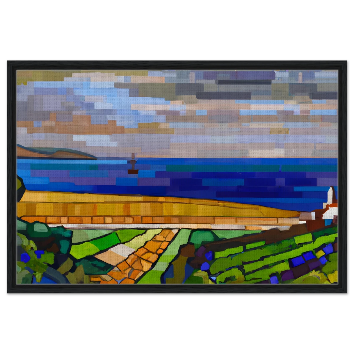 "Coastal Harmony" – A Modern Seascape | Abstract Geometric wall Art print - 60x90 cm / 24x36″ - Framed Canvas - Black frame