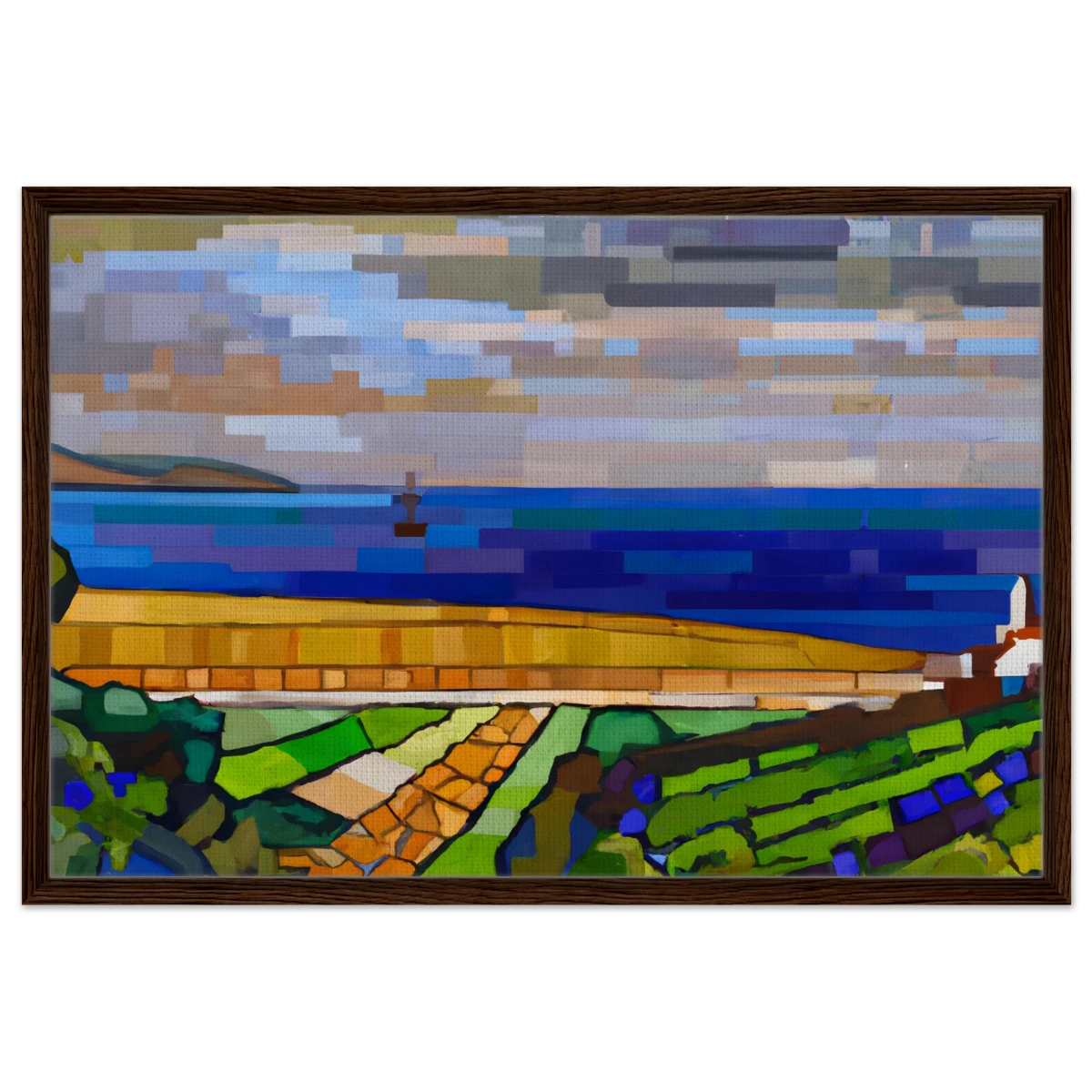 "Coastal Harmony" – A Modern Seascape | Abstract Geometric wall Art print - 60x90 cm / 24x36″ - Framed Canvas - Dark wood frame