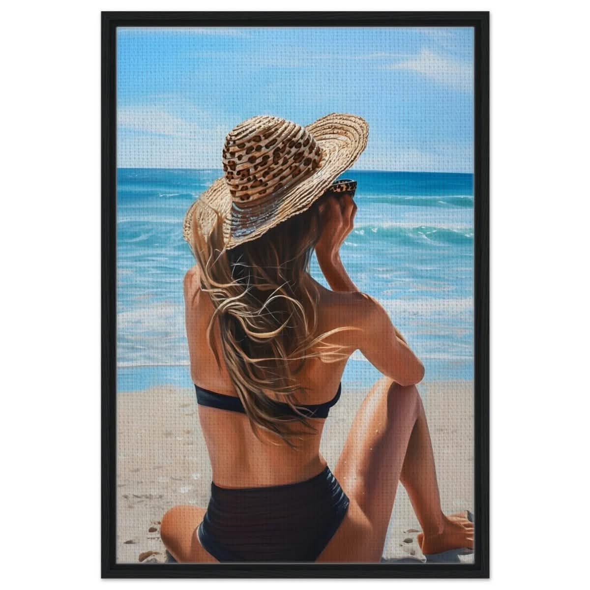 Coastal Reflection: Woman by the Waves | Hyperrealism with a Coastal Theme - Framed Canvas - 60x90 cm / 24x36″ - Black frame
