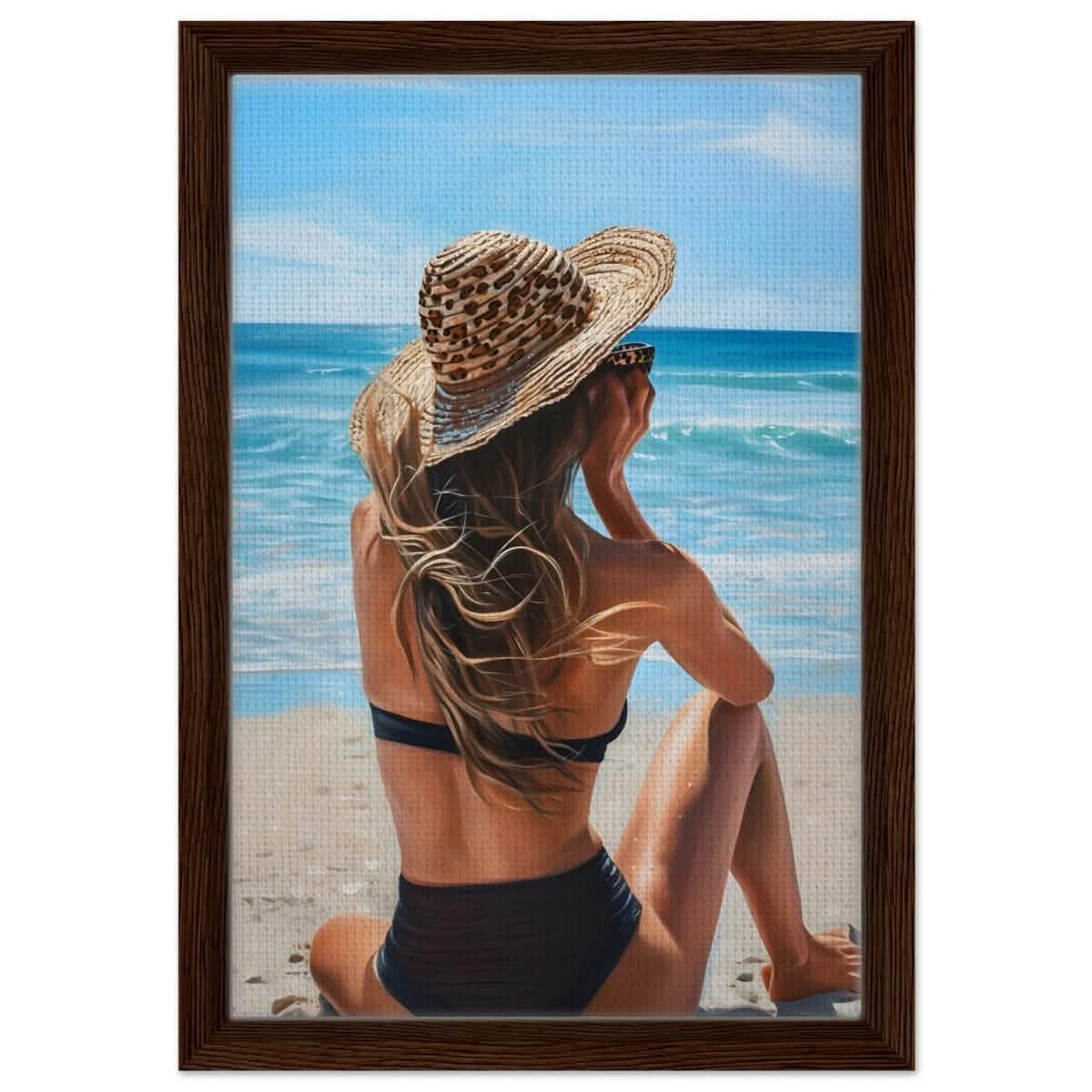 Coastal Reflection: Woman by the Waves | Hyperrealism with a Coastal Theme - Framed Canvas - 30x45 cm / 12x18″ - Dark wood frame