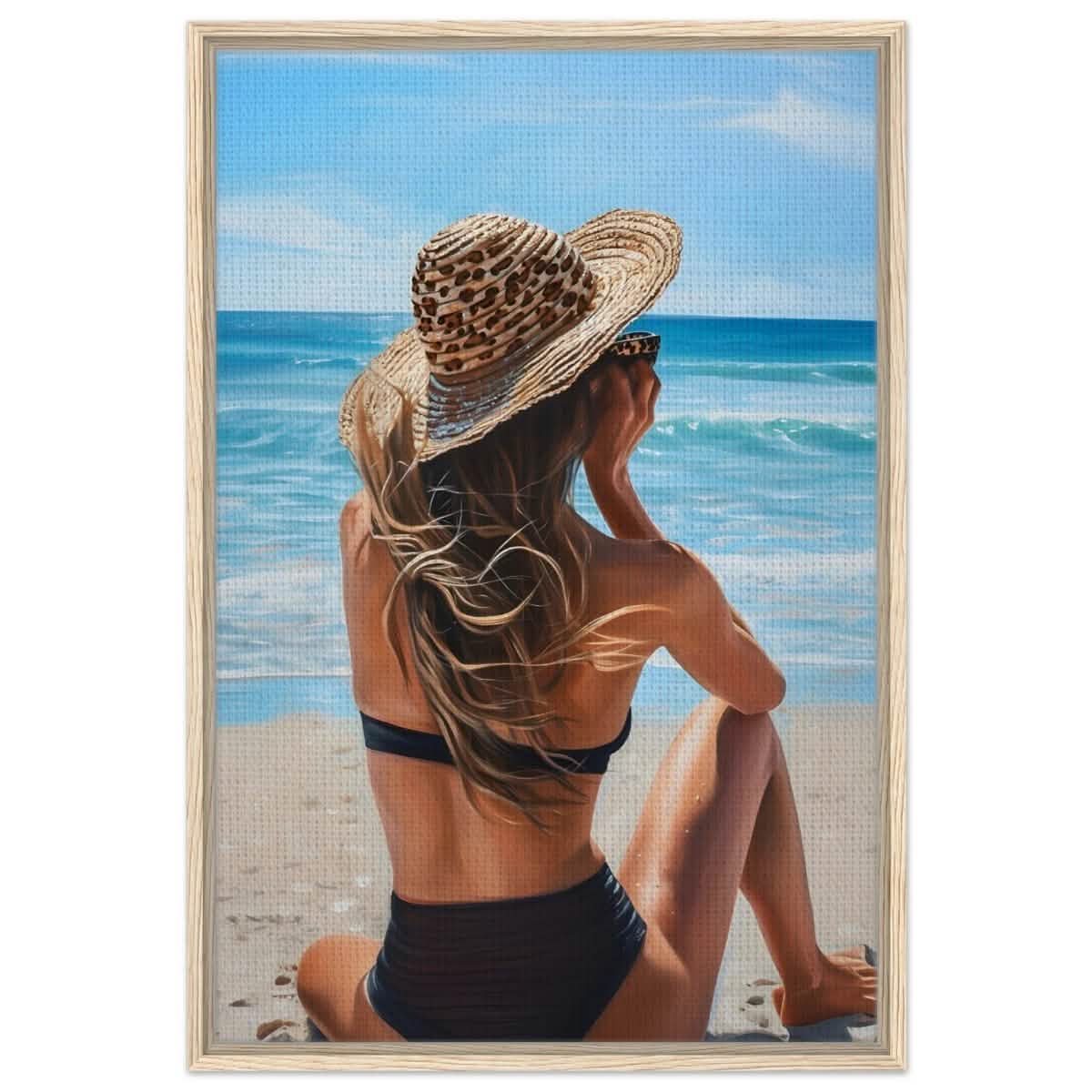 Coastal Reflection: Woman by the Waves | Hyperrealism with a Coastal Theme - Framed Canvas - 60x90 cm / 24x36″ - Wood frame