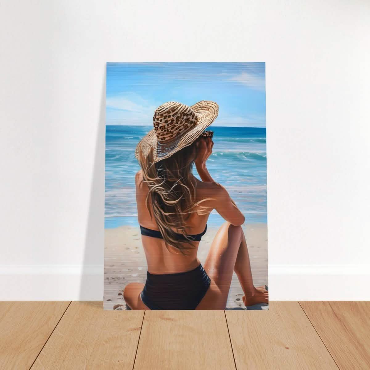Coastal Reflection: Woman by the Waves | Hyperrealism with a Coastal Theme - Brushed Aluminum Print - 30x45 cm / 12x18″ -