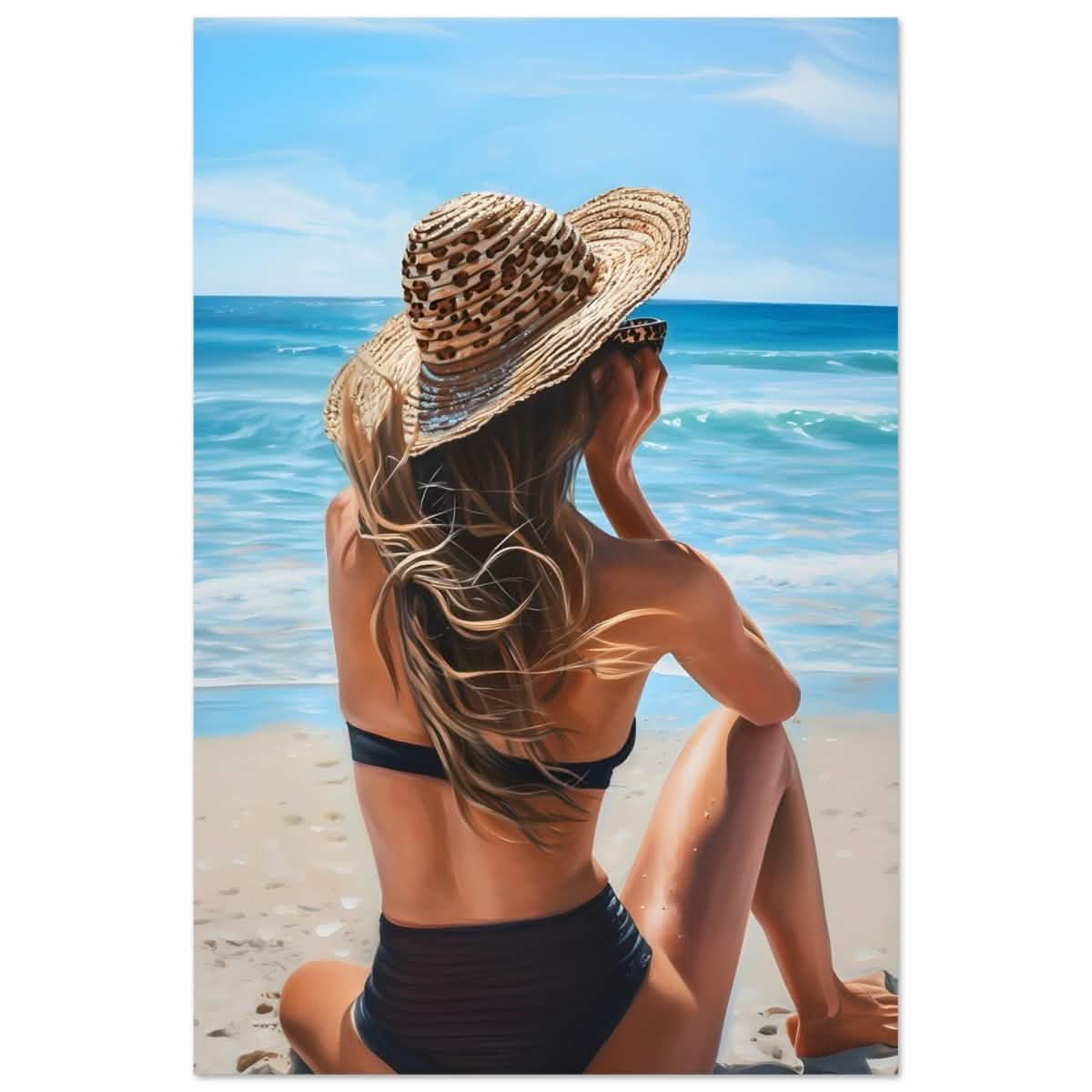 Coastal Reflection: Woman by the Waves | Hyperrealism with a Coastal Theme - Aluminum Print - 40x60 cm / 16x24″ -