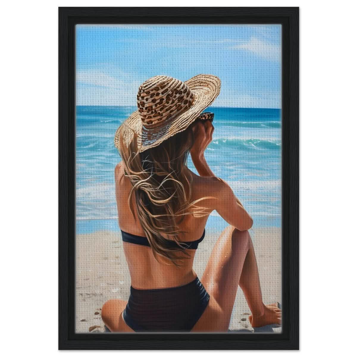 Coastal Reflection: Woman by the Waves | Hyperrealism with a Coastal Theme - Framed Canvas - 30x45 cm / 12x18″ - Black frame