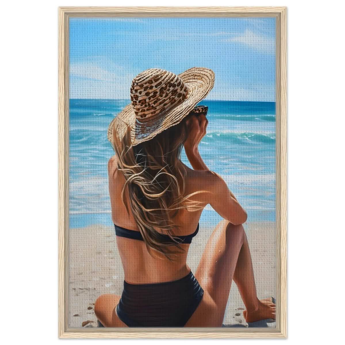 Coastal Reflection: Woman by the Waves | Hyperrealism with a Coastal Theme - Framed Canvas - 50x75 cm / 20x30″ - Wood frame