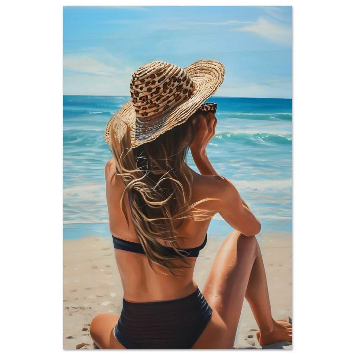 Coastal Reflection: Woman by the Waves | Hyperrealism with a Coastal Theme - Wood Prints - 60x90 cm / 24x36″ -