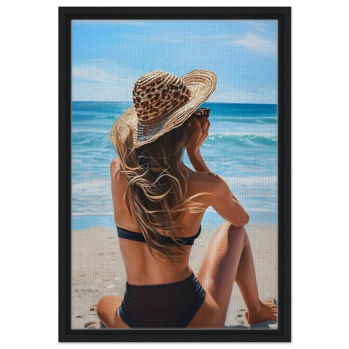 Coastal Reflection: Woman by the Waves | Hyperrealism with a Coastal Theme - Framed Canvas - 40x60 cm / 16x24″ - Black frame